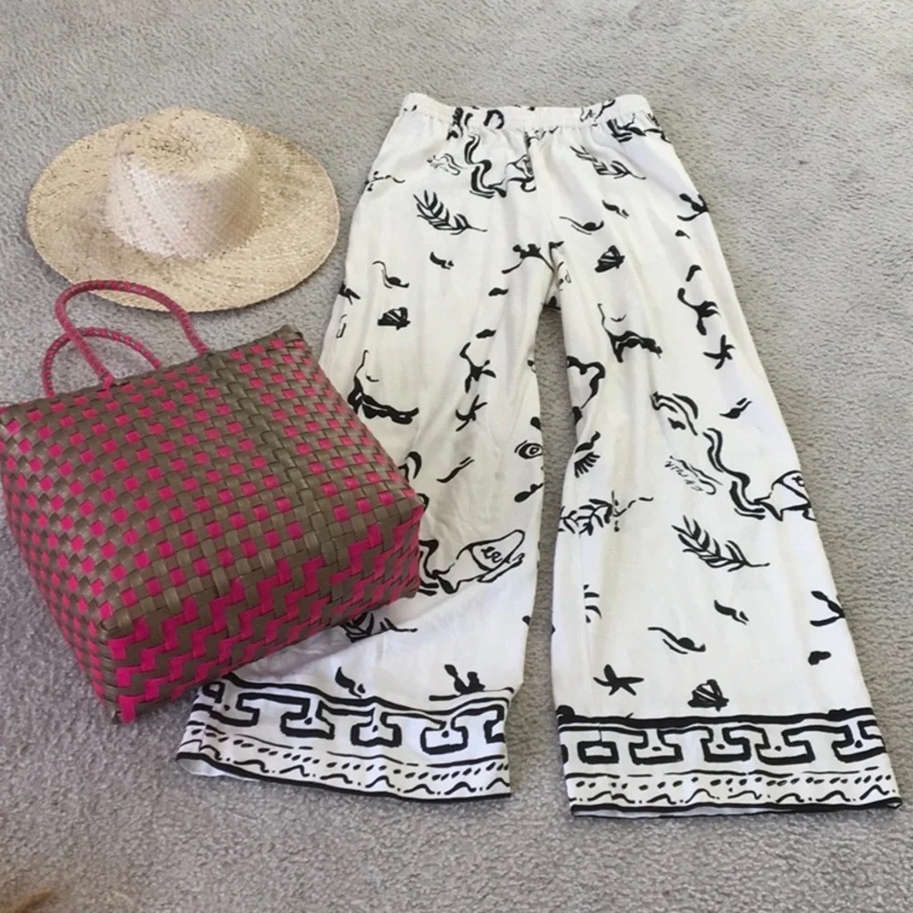 H&M/CREAMwBLACK LA MER BEACH PRINT WIDE LEG LINEN BLEND PANTS/NEW